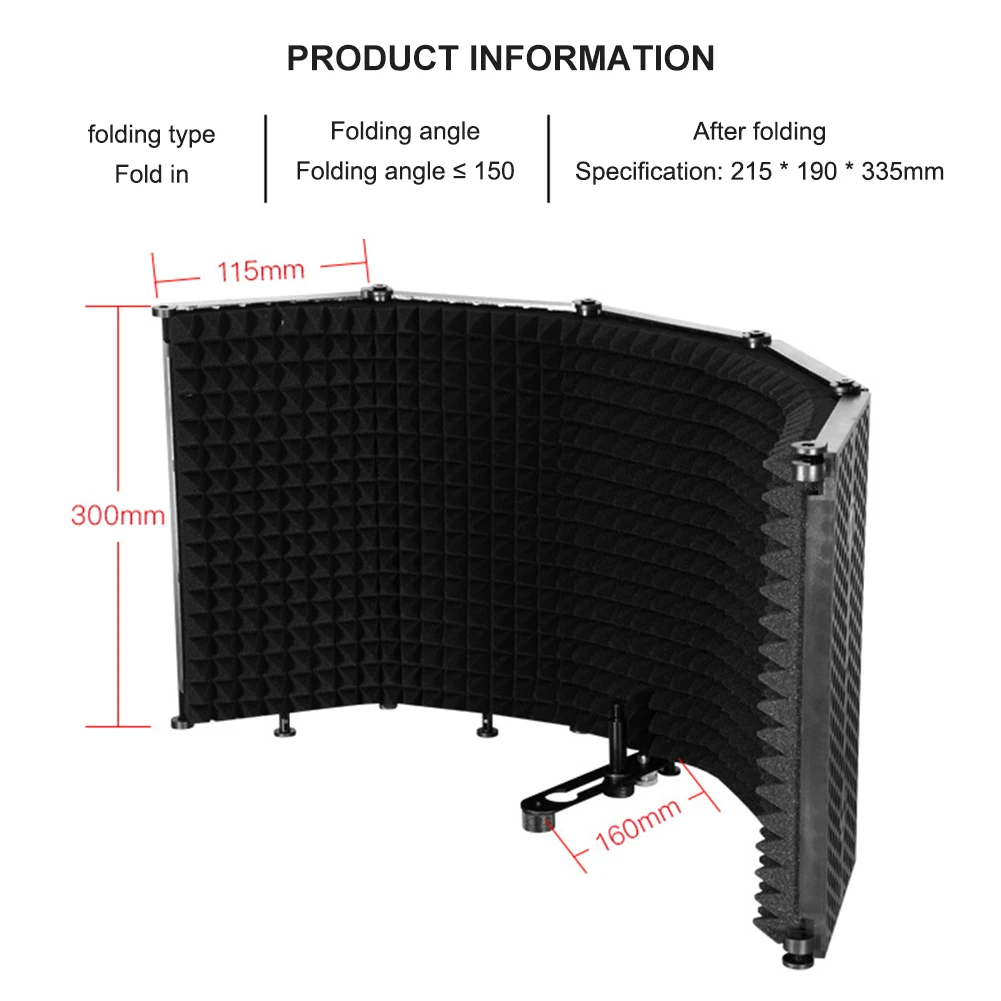 

Microphone Isolation Shield 5-Panel Wind Screen Foldable Threaded High Density Absorbing Foam for Recording Studio