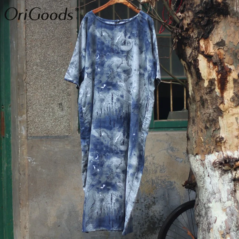 Женское платье оригинального дизайна OriGoods хлопковое льняное с круглым вырезом и