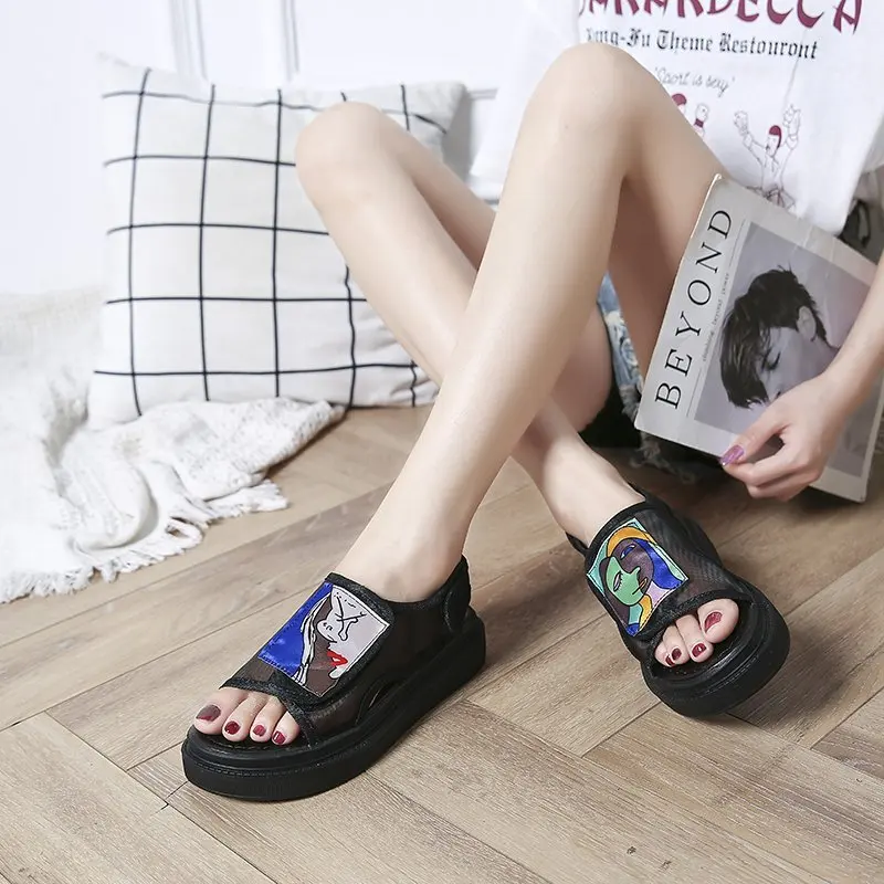 

2021 Hook & Loop Womans Sandals Mesh Flat with Thick bottom Summer Women Shoes 4cm Platform Student Casual Beach Female Sandals