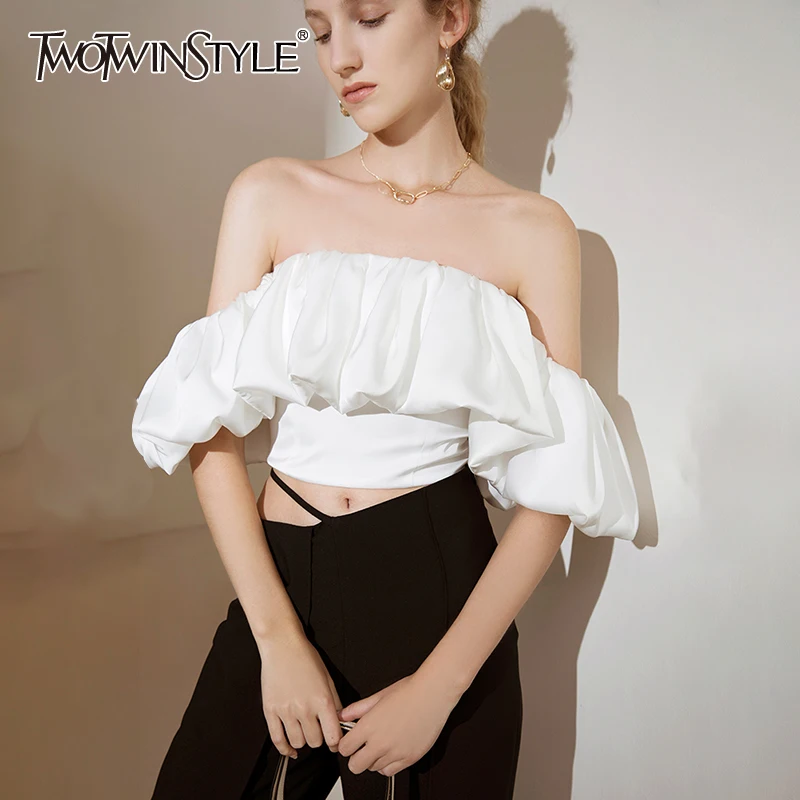 

Женская блузка с коротким рукавом TWOTWINSTYLE, летняя, черная, однотонная, облегающая, с воротником-лодочкой