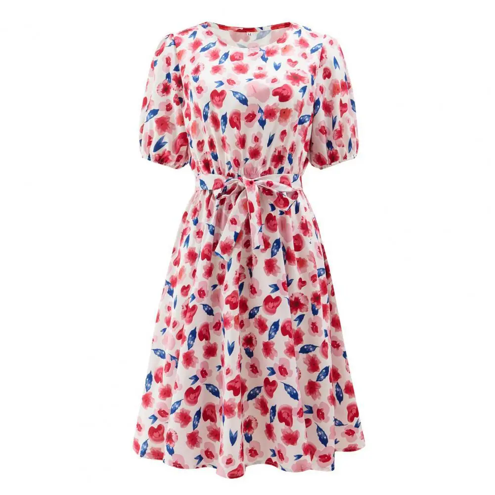 

New Summer Women Sweet Style O-Neck Puff Short Sleeve Mini Dress Floral Printing Ladies Party Dress Fashion Elegant Streetwear