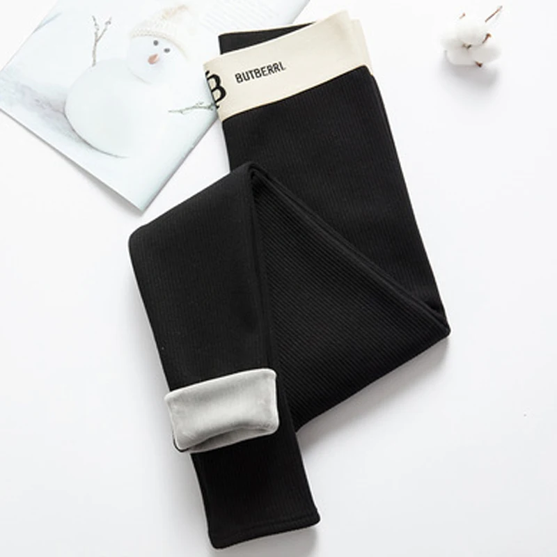 ELIfashion теплые женские мягкие бархатные зимние леггинсы длиной до щиколотки, сохраняющие тепло белые с буквенным принтом, с высокой эластичной резинкой на талии - Цвет: black