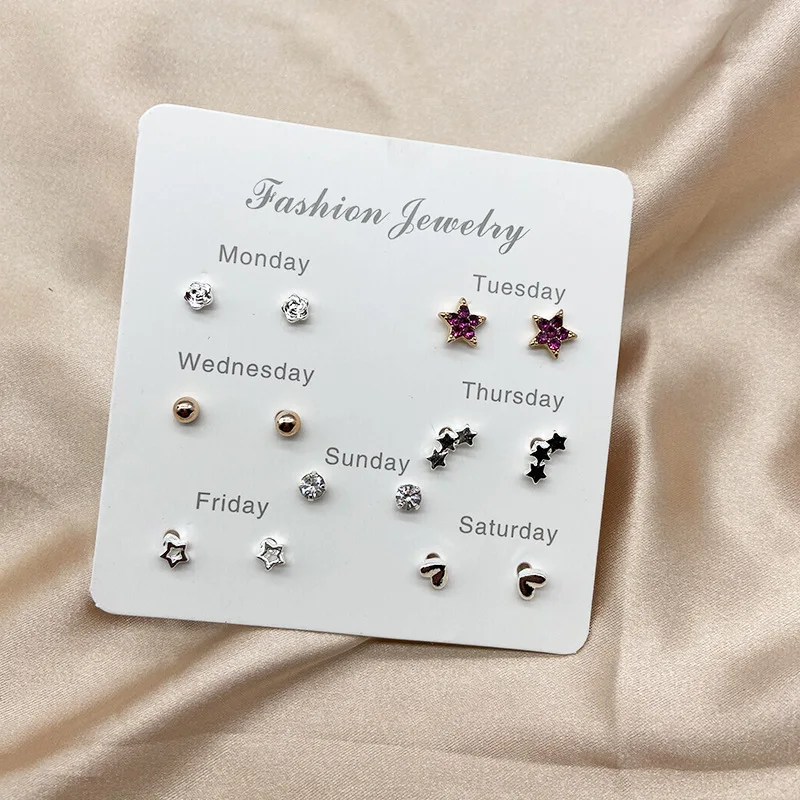 

New Cartoon Stud Earrings Set for Women Fashion Cute Mini Shiny Moon Stars Heart Stud Earring Crystal Heart Flower Earrings Gift