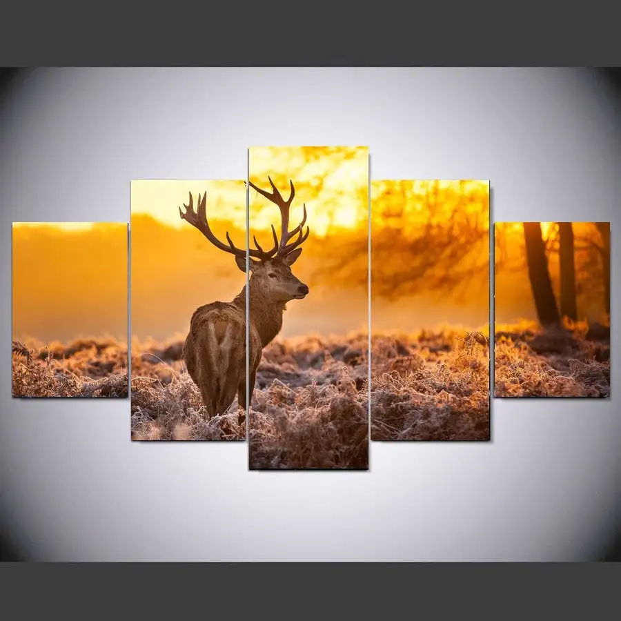 Wall Art Canvas Painting 5Pcs Deer Sunset Paintings On The Living Room Decor Poster Modern Home Decoration Hanging Ornament | Дом и сад