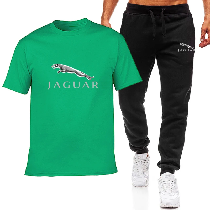 

Fashionable summer men's T-shirt suit Jaguar logo printed cotton T-shirt casual high street short sleeve polyester pants suit