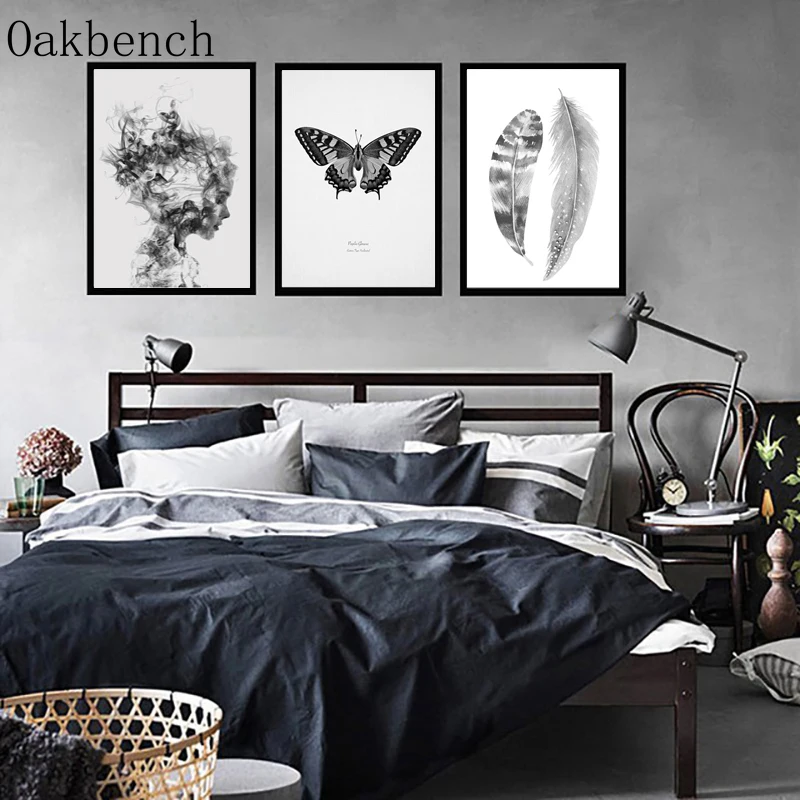 Черно белые картины перо Одуванчик Холст Настенная живопись бабочка постер