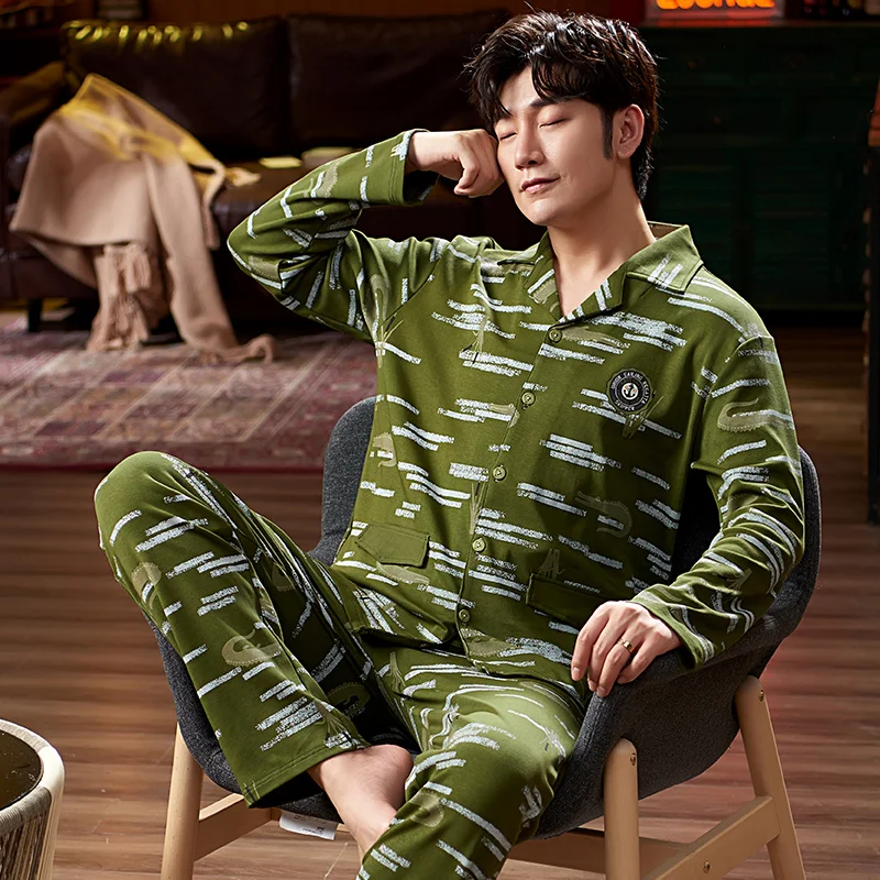 Пижама Мужская с длинным рукавом пижама из чистого хлопка одежда для сна