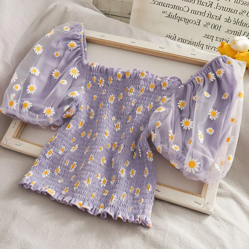 

Women Purple Off Shoulder Chiffon Tops Cropped Pleated Blouse Floral Printed Crop Tops Stretchy Blouse Fenne Summer