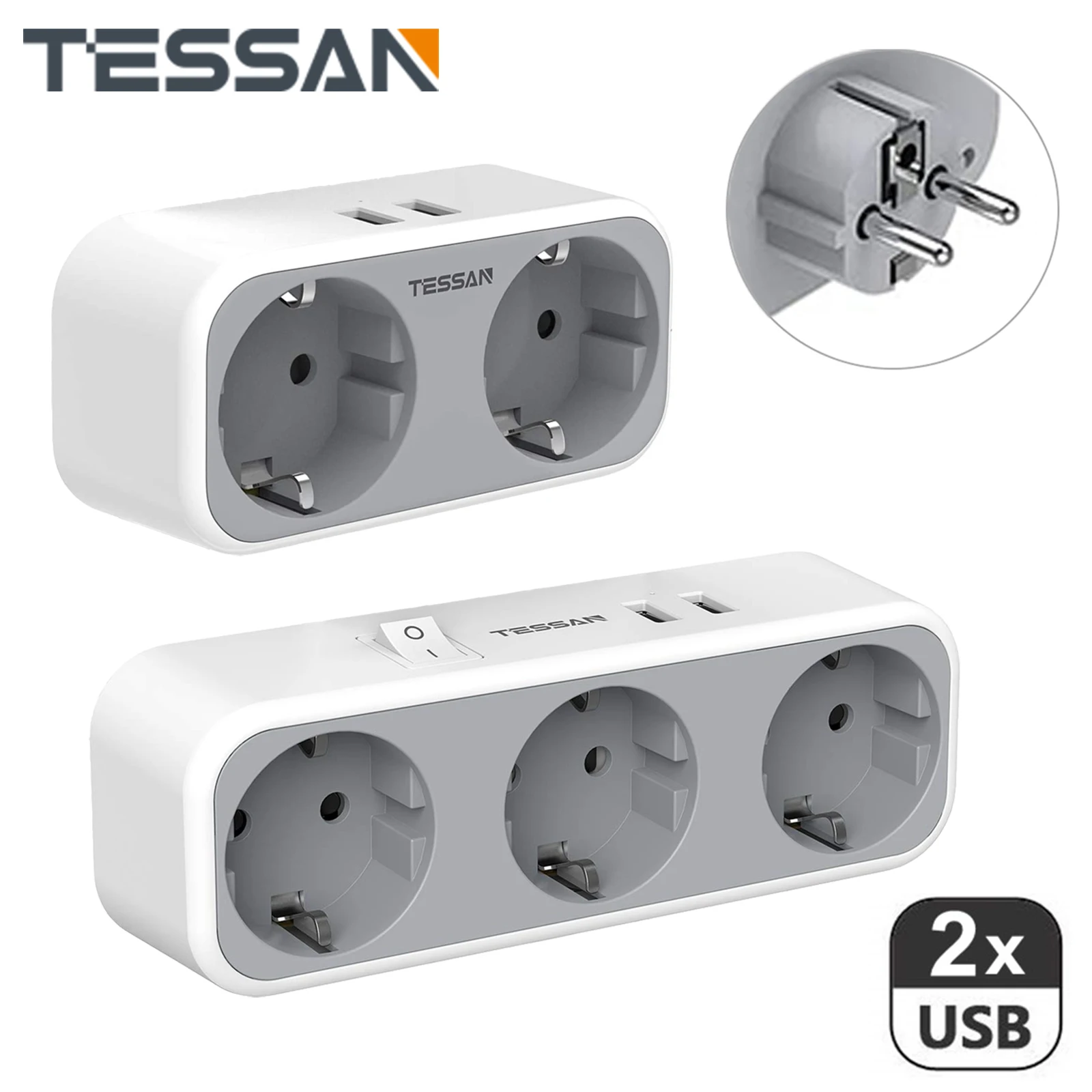 

TESSAN EU USB Socket Adapter with 2/3 AC Outlets & 2 USB Charging Ports, with Multiple Protections, for Smartphone, Tablet, MP3