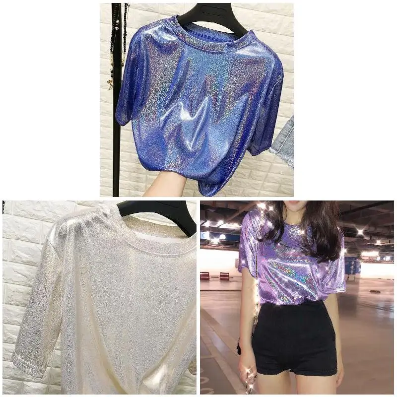 Женская Блестящая футболка с коротким рукавом стильная яркая шелковая в ретро