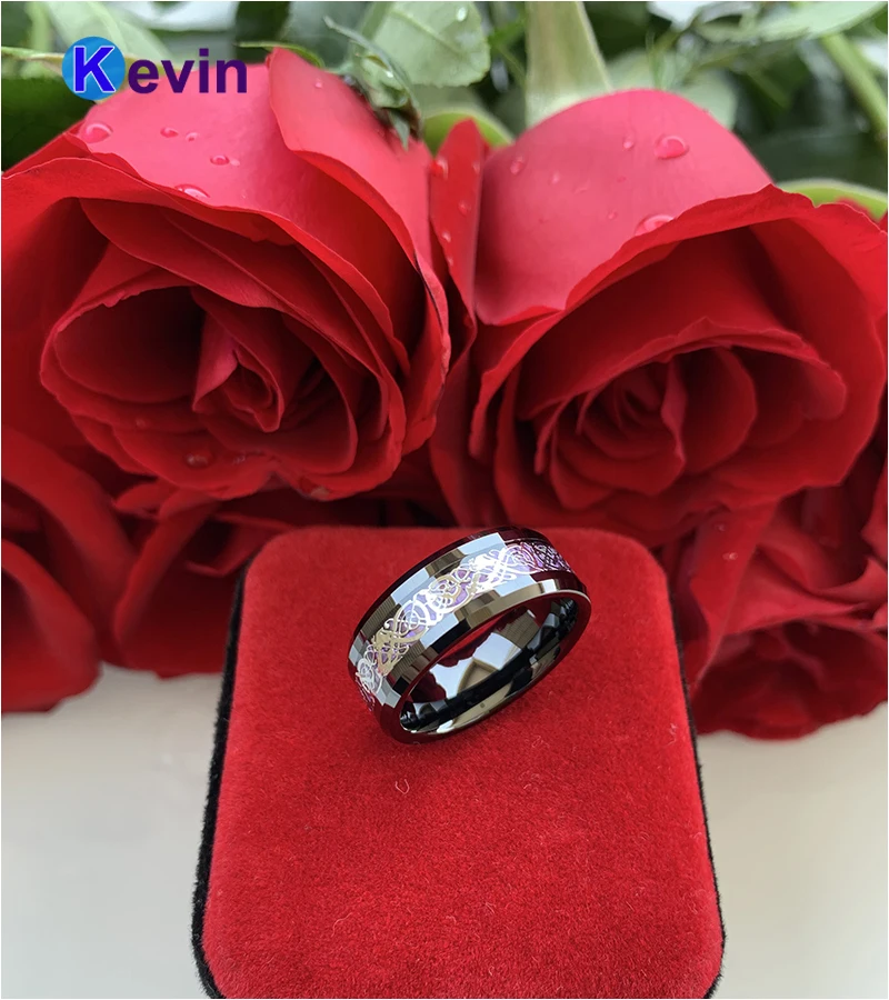 Вольфрамовое кольцо 8 мм для мужчин и женщин обручальное с фиолетовым углеродным