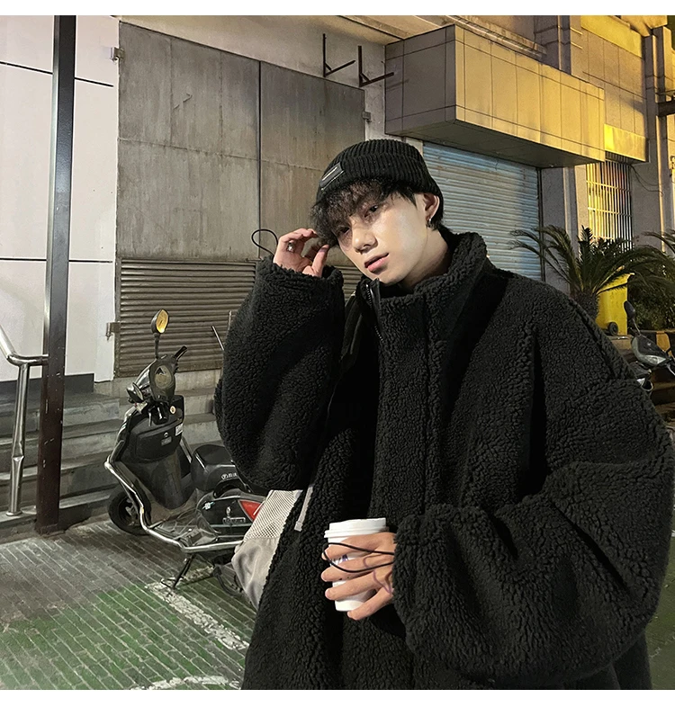 DIMI Winter Oversized Warm Thick Reversible Leather Jacket Men with Fleece Inside Zip Up Casual Loose Luxury Fashion