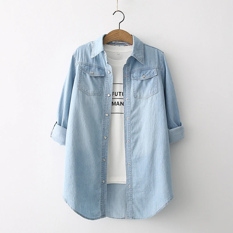 Летняя Новинка 2020 хлопковая джинсовая женская блузка и рубашки синяя Тонкая