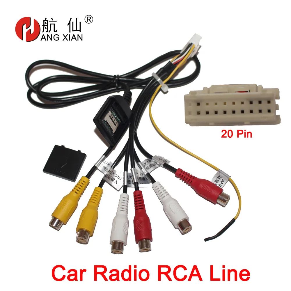 HANGXIAN 20 Pin Plug Car Stereo Radio RCA Output AUX Wire Harness Wiring Connector Adaptor subwoofer cable with 4G SIM card slot