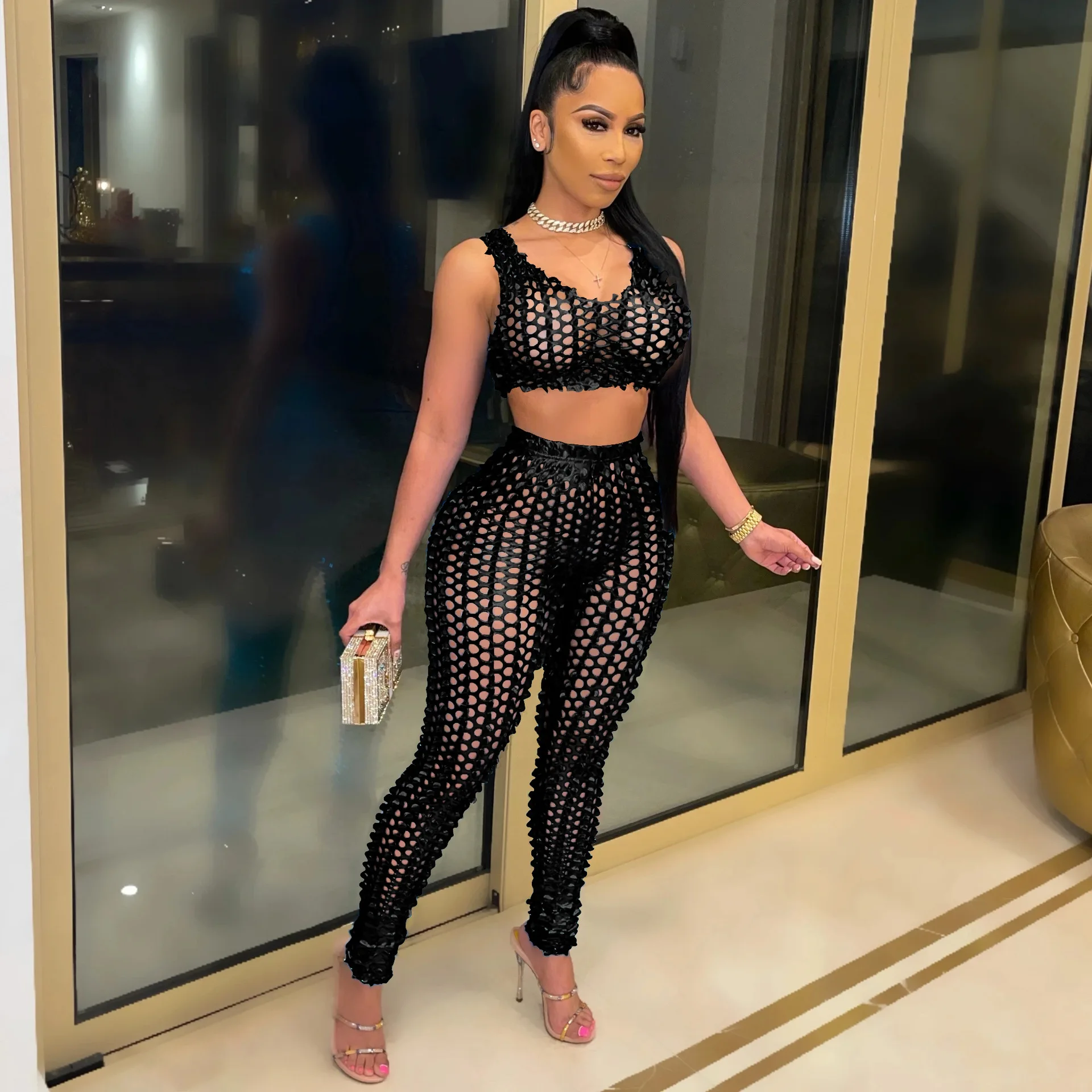 

2021 Summer Sexy Lady Women 2PCS Sleeveless Fashion Hollow Out V-Neck Cropped Tops Bodycon Pencil Night Club Party Wear Outfits