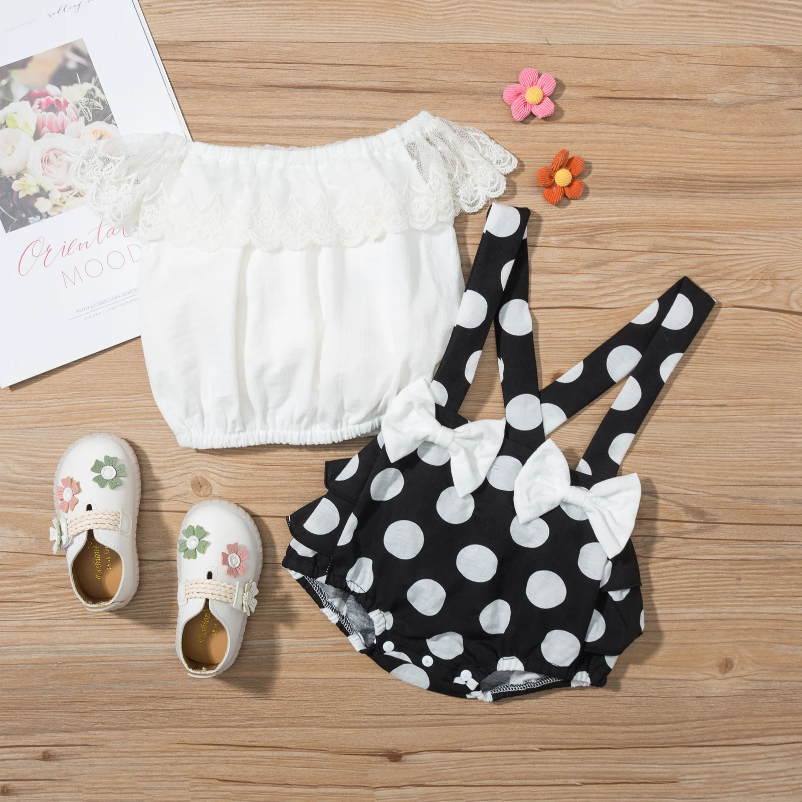 

2021 Baby Summer Outfit, Solid Color Lace Off-Shoulder Elastic Blouse + Polka Dot Bib Shorts for Toddler Girls, 6-24 Months