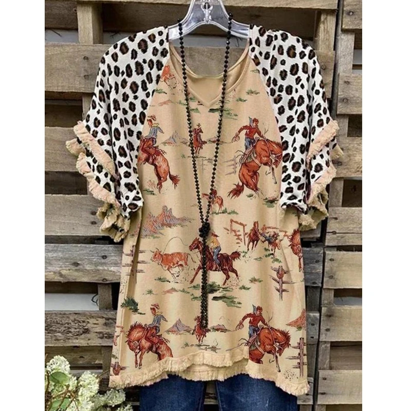 

Lugentolo Leopard Print Short Sleeve Tshirts Women Summer Fashion Plus Size Loose V-neck Tees for Women