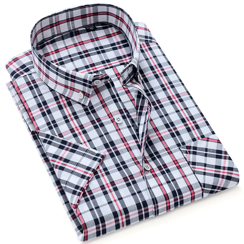 Мужская рубашка Повседневная с коротким рукавом 100% хлопок в клетку полоску