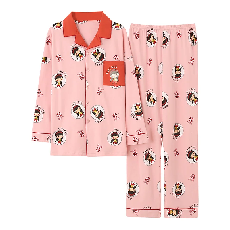 

M-4XL Turn-down Collar Women's Pajama Sets Long Sleeves Long Pants Pyjamas Cartoon Printed Sweet Pijamas Spring Autumn Sleepwear