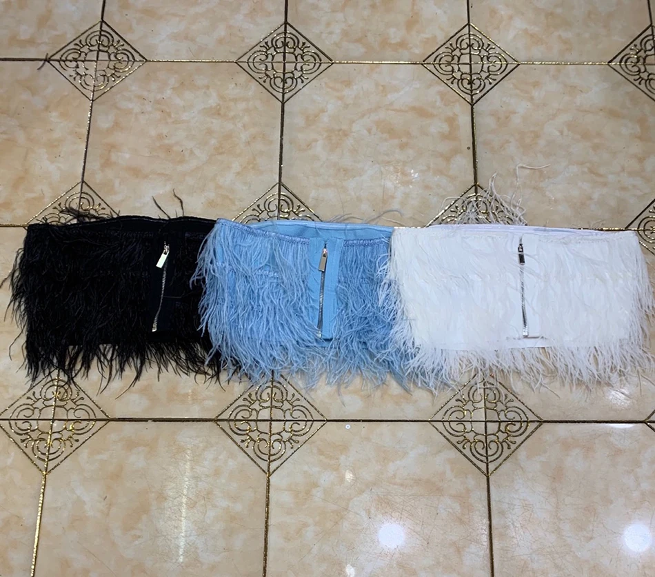

Ailigou 2020 New Summer High-Quality Fashion Feather Strapless Black White Sky Blue Strappy Top Nightclub Short Top