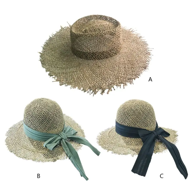 

Women Summer Hollow Out Crochet Woven Straw Sun Visor Hat Casual Tassels Wide Brim UV Protection Bowknot Ribbon Band Beach Cap