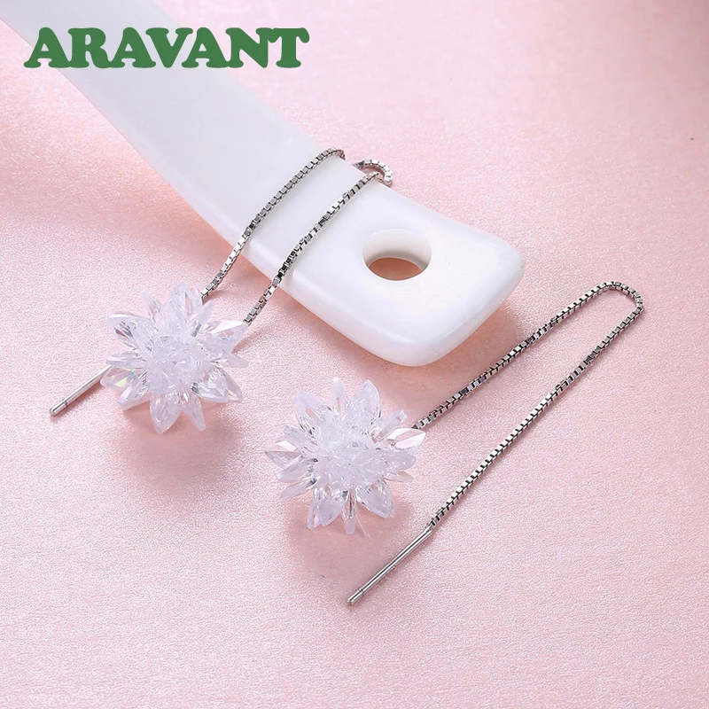 925 серебро белый Ледяной цветок Длинная цепочка Висячие серьги для женщин