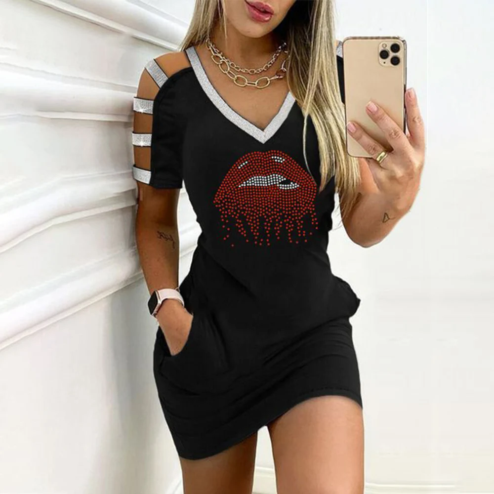 

Sexy Bodycon Mini Dress for Women Summer Party Club Lips Printing Slim Fit Dress Summer Pocket V Neck Lady Dresses Camisole D30