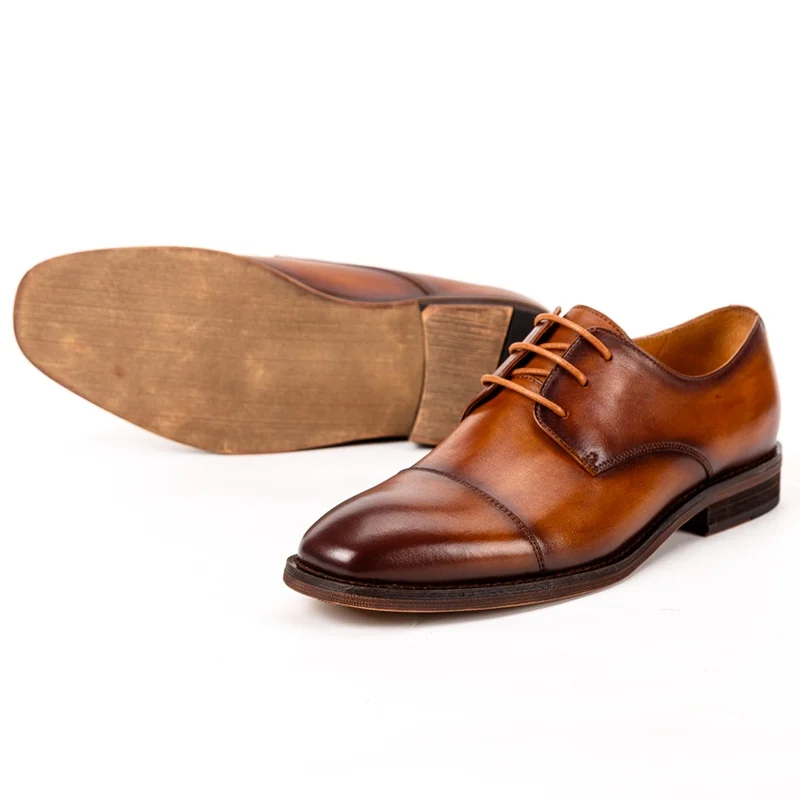 

2019 Classic Pointed Toe Laces Man Welted Shoes Genuine Leather Formal Dress Oxfords Handmade Heels Men's Cap Toe Flats SS621
