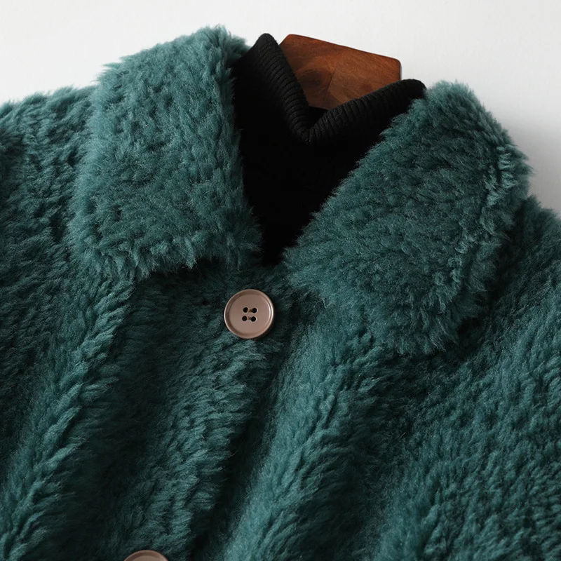 New Winter Real Sheep Coats Mid-length Dark Green Jackets Single Breasted Overcoats Women Turn-down Collar Overcoats Office Lady
