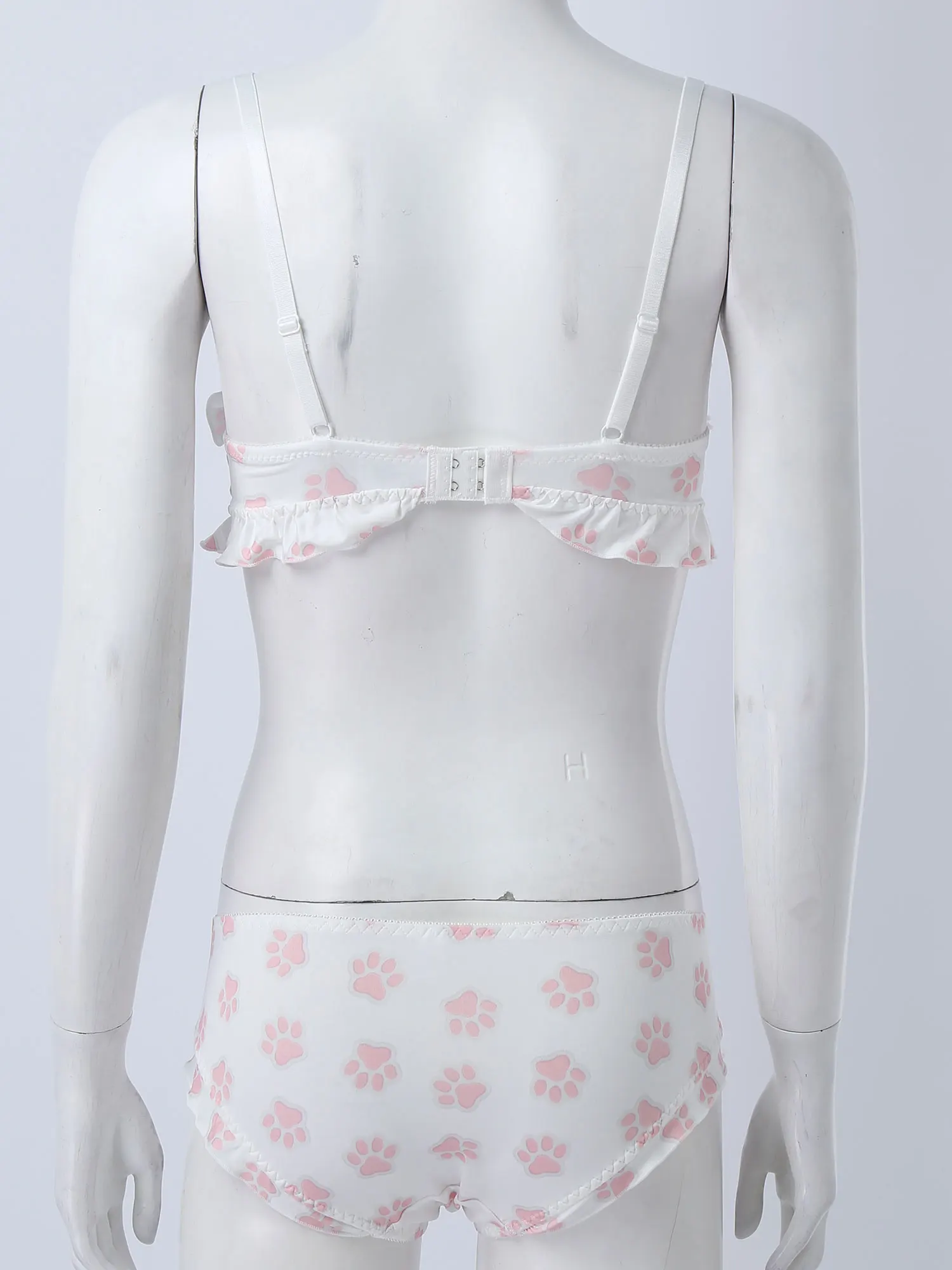 

Womens Girls Hot Sexy Lingerie Set Sissy Bra with Briefs Paw Print Bowknot Pleated Trimming Removable Padded Bra Erotic Suit