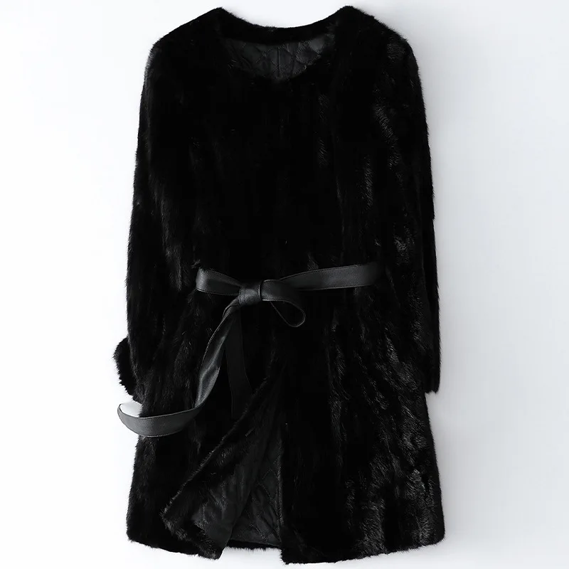 New Super Printed Mink Fur Slim Jacket with Sashes Fall Winter High Quality Medium Length Mink Jacket Thick Warm Coat Outwear