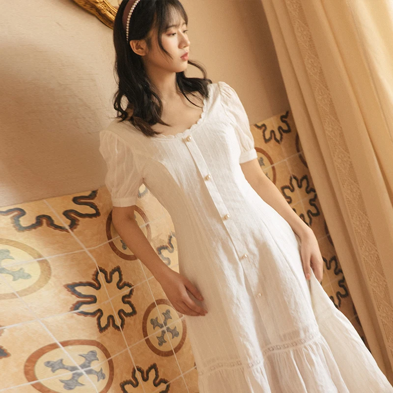 

Korean Fashion White Long Dress Summer Vintage Mori Girl Style Lace Soft Romantic Dresses Vestido Blanco Robe Blanche Femme