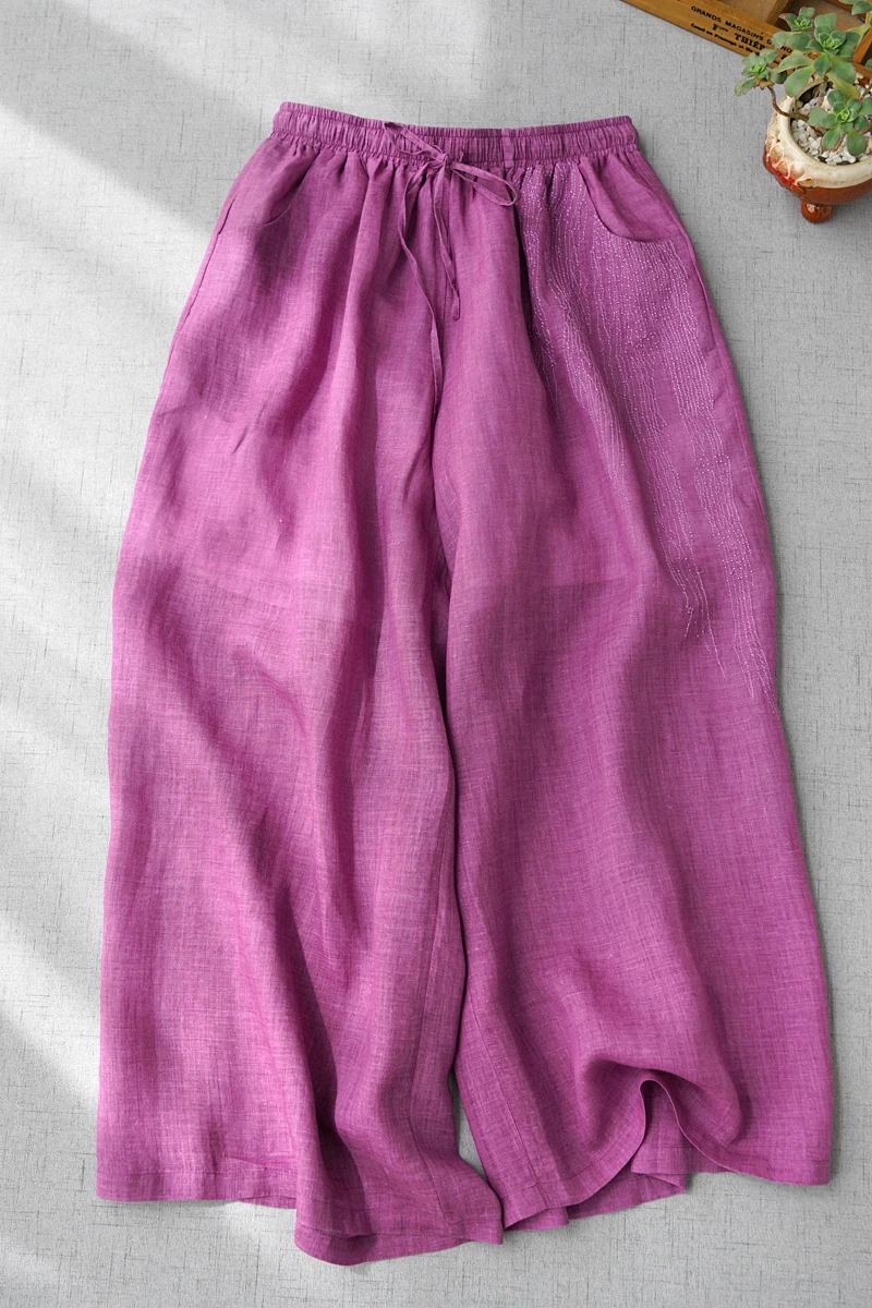 Spring Summer Women Loose Plus Size Sweet Embroidey Comfortable Water Washed Thin Ramie Trousers Elastic Waist Wide Leg Pants