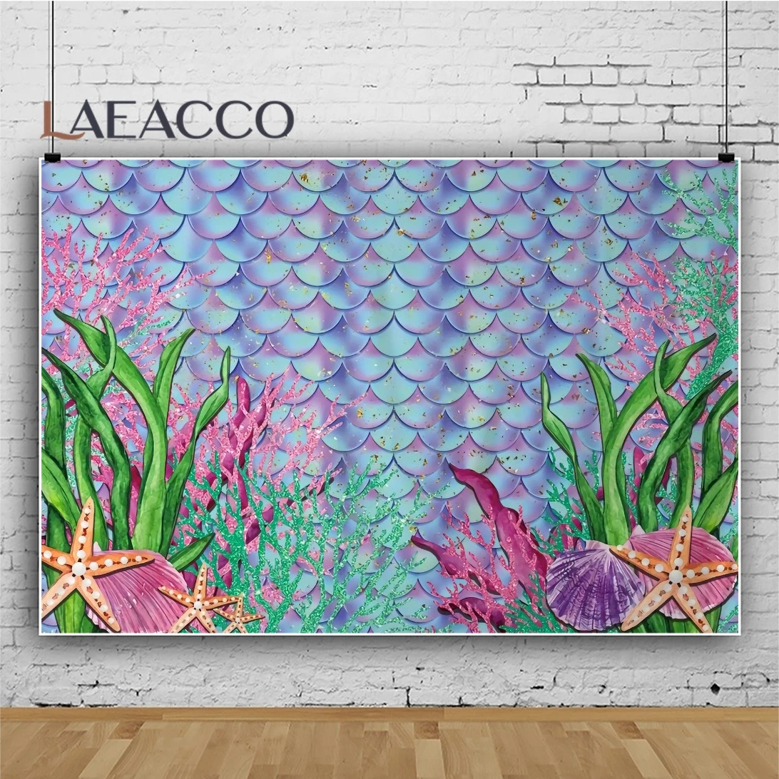 

Laeacco Мультфильм Русалка Рыба Серебряная Морская звезда Коралл принцесса день рождения вечерние зона портрет фото фоны