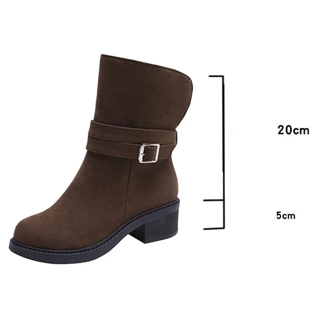 Модные Женские однотонные ботинки средней высоты с пряжкой и ремешком теплые