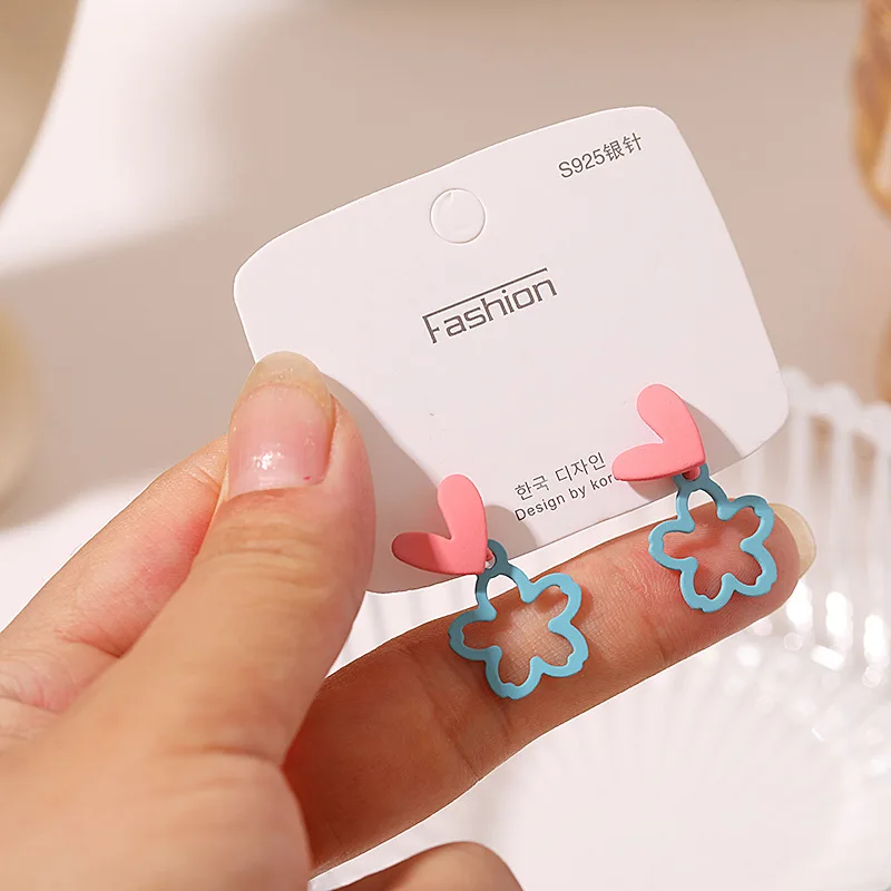

S925 Silver Needle Korean Pink Heart Hollow Blue Flower Earrings for Women Cute Fashion Girl Birthday Jewelry Gift Earrings