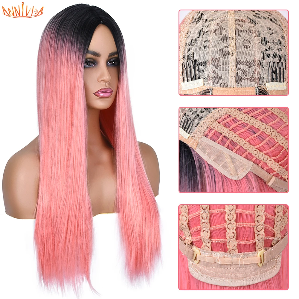 

Long Straight Hair Natural None Lace Wig Synthetic Ombre Brown Blonde Cosplay Party Daily Wigs 150% Density HighTemperature Fibr