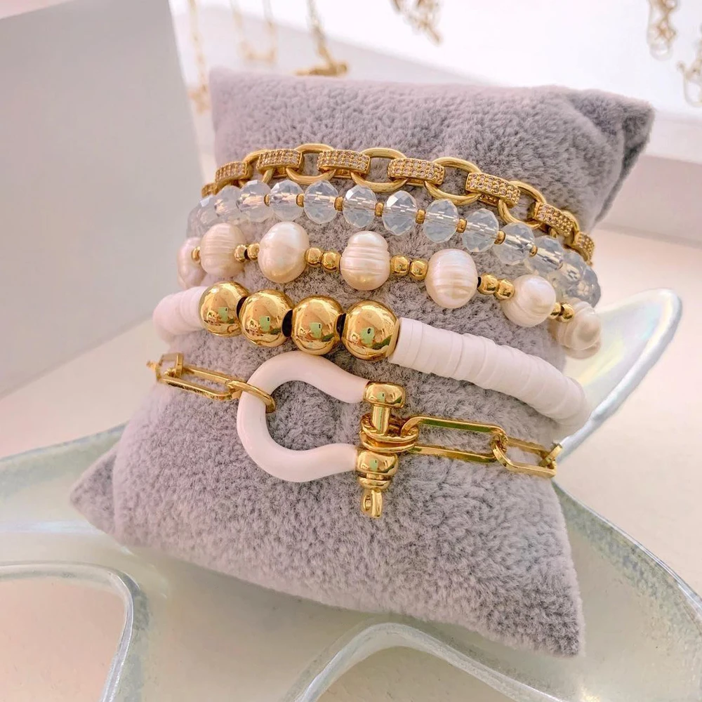 

KKBEAD Gold Color Bracelets Freshwater Pearl Heishi Bracelet Polymer Clay Jewelry For Women Crystal Beaded Fashion Pulseras