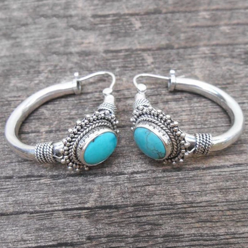 

Vintage Tibetan Turquoise Hoop Earrings for Women Bohemian Small Circle Silver Color Carved Blue Stone Huggie Earing Accessories