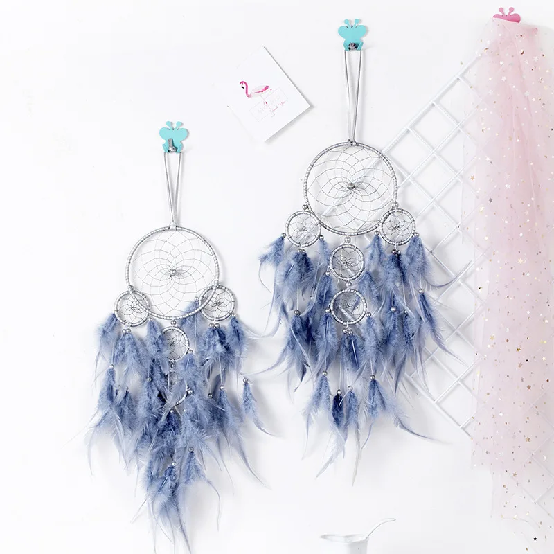 

Ins Girl Heart LED Five-ring Dream Catcher Handmade Feather Dream Catcher Pendant Wind Chime Wall Hanging Pendant Home Decor