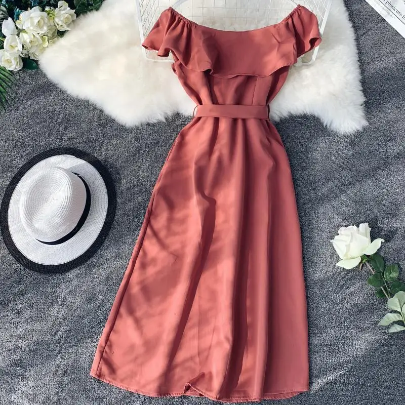 Женское шифоновое платье с открытыми плечами и воланом высокой талией|Женские