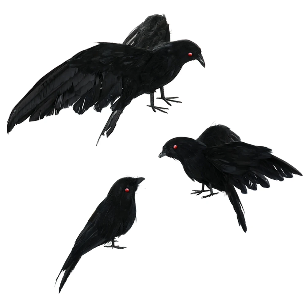 

3Pcs Halloween Realistic Handmade Crow Prop Black Feathered Crow Ravens For Outdoors and Indoors Decoration