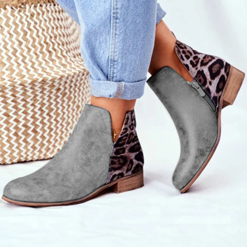 

2022 Ankle boots women's retro leather women's retro leopard print low-heel women's zipper shoes women's short boots