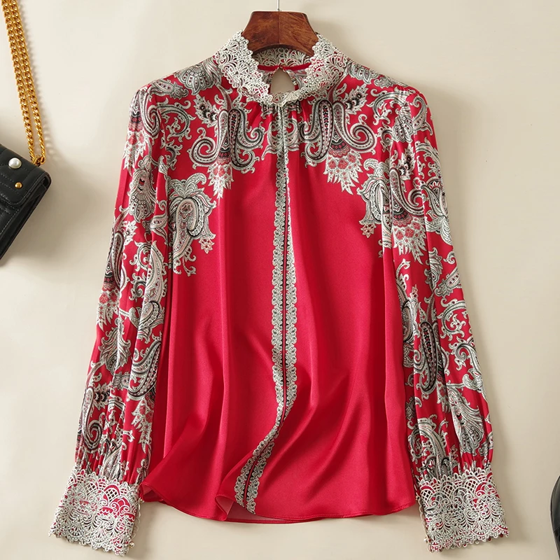 

Real Silk Women's Satin Shirt Elegant Lace Patchwork Stand Collar Long Sleeve Woman Print Shirts Blouses Female Vintage Blouse