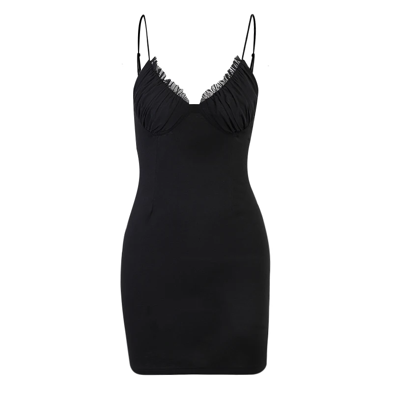

Instunning 2021 Summer Women Spaghetti Strap Lace Mini Dresses V Neck Show Chest Sleeveless Backless Black Elegant Streetwear