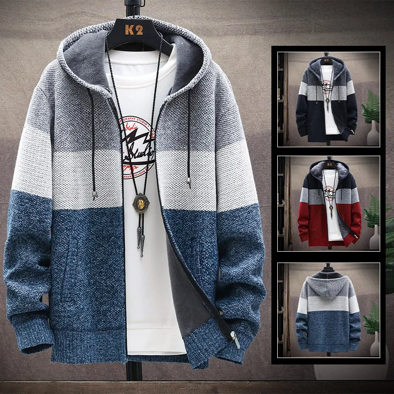 Men's Hooded Jumper Casual Sweater Coat Fleece wool Autumn/winter Warm Loose Cardigan Zip Up Jacket Male Knitwear
