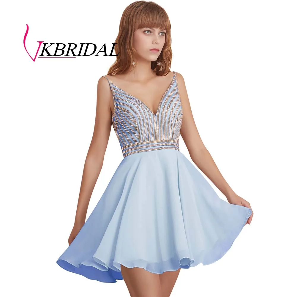 VKBRIDAL сексуальное короткое платье с v-образным вырезом для выпускного вечера Новое шифоновое бисерное милое платье с v-образным вырезом сзади - Цвет: sky blue