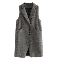 womens vest long houndstooth lapel sleeveless plaid jacket fashion casual 2021 new