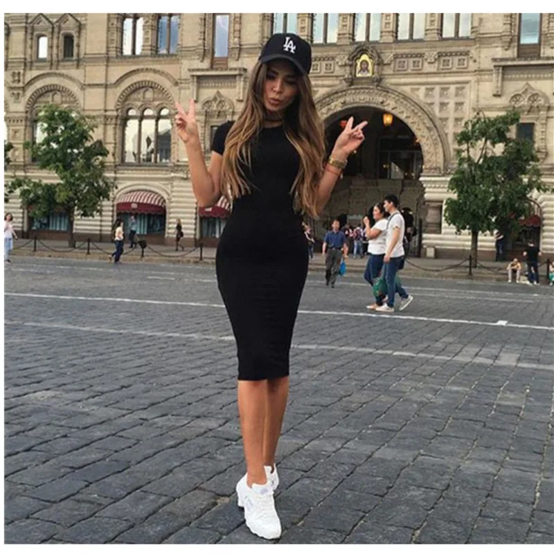 

summer 2020 women dress solid color Round neck Short sleeve Casual slim versatile simple dresses ropa mujer em*