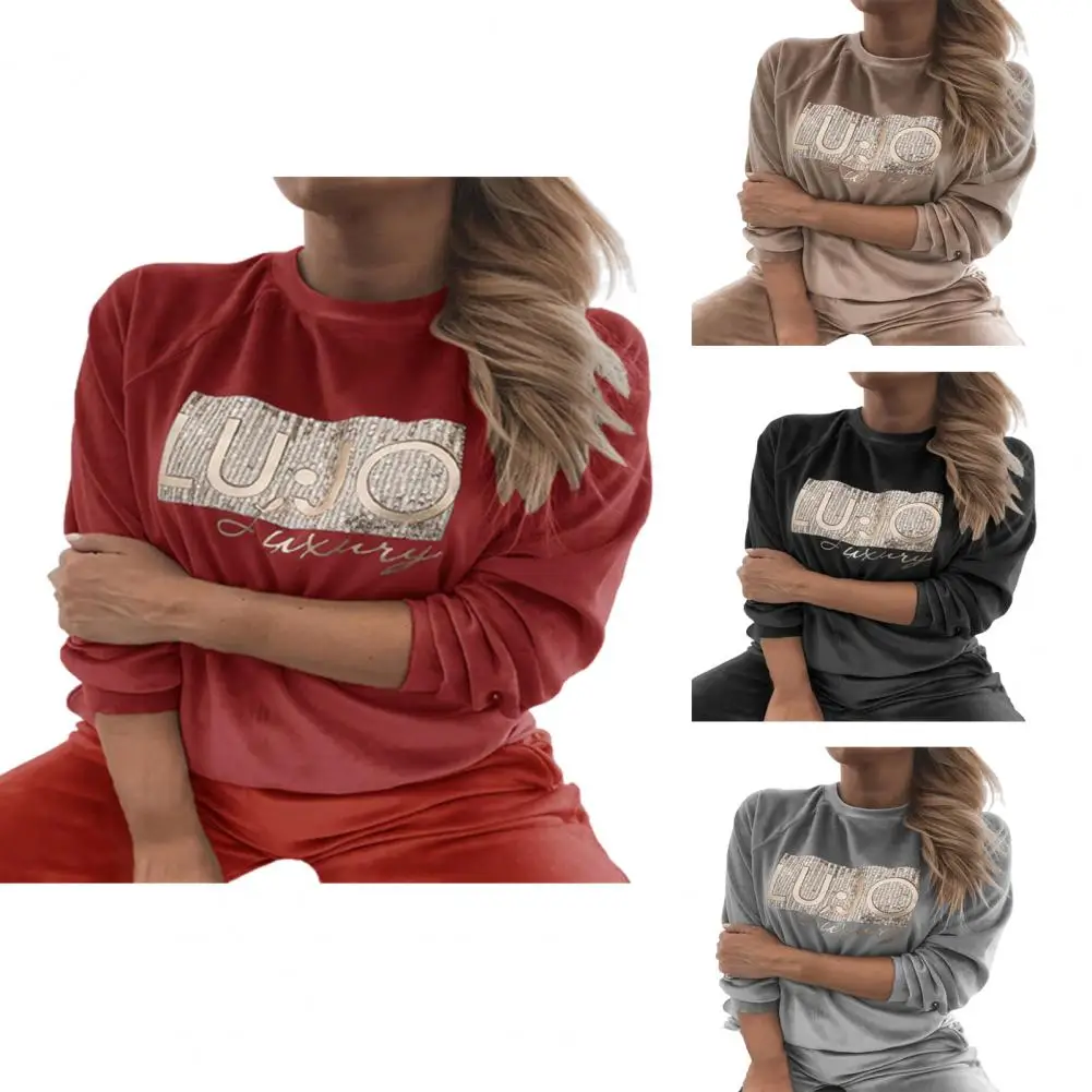 

Retro Velvet O-Neck Blouse Women Tops Print Elegant Long Sleeve Sequin Letter Pullover Lady Shirt Autumn Casual Warm Sweatshirt
